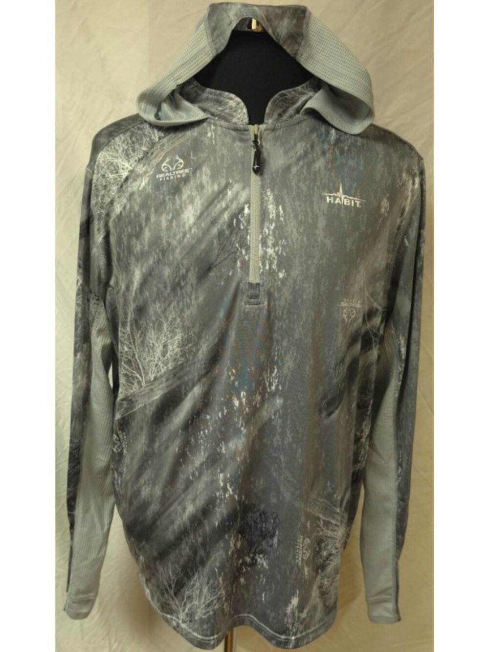 Habit Mens Large Dusk Gray White 1/4 Zip Mesh RealTree Fishing Logo Hoodie